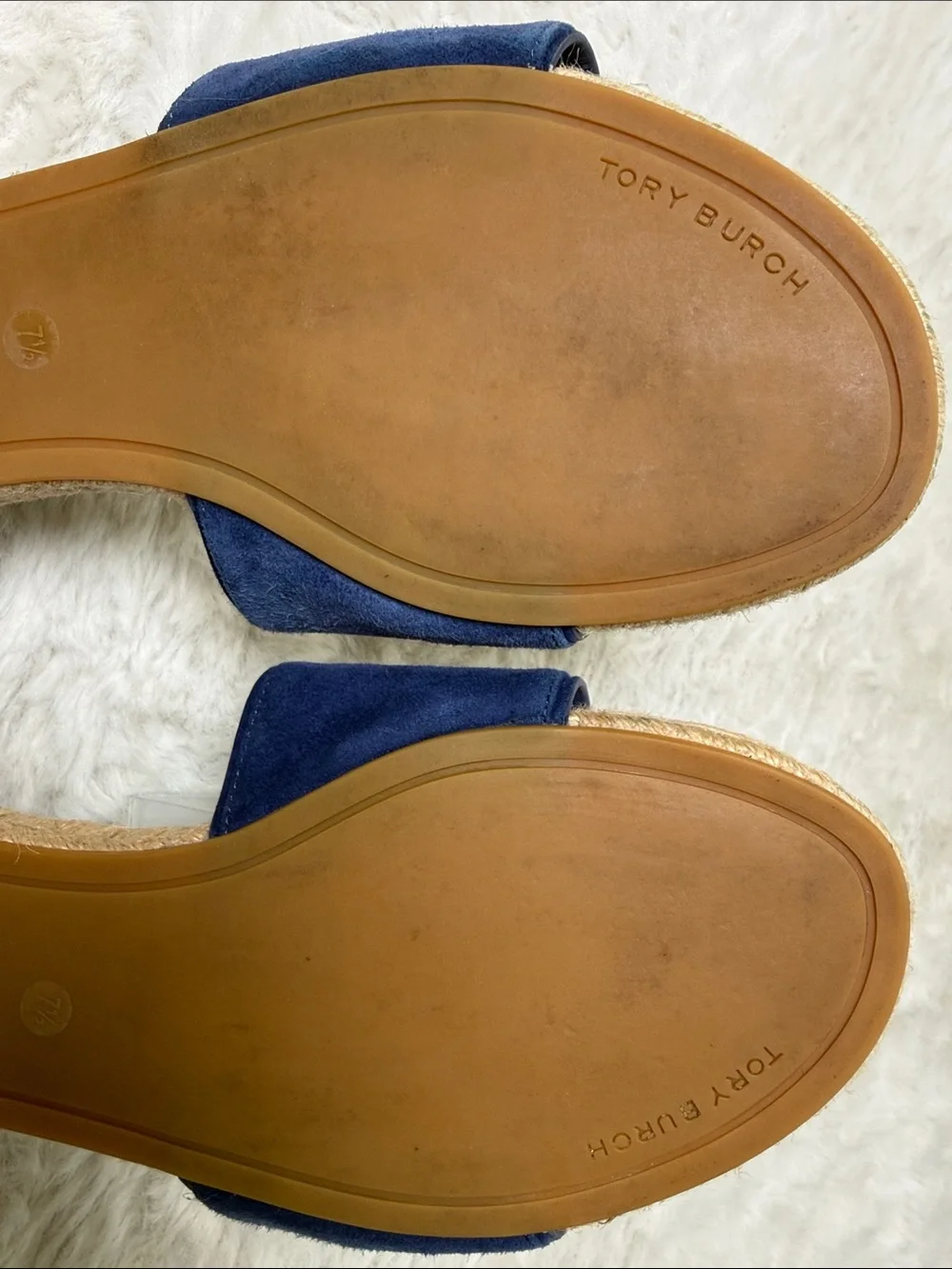 Tory Burch Benton Kid Suede Open Toe Espadrille Slide Navy 7.5 Embossed Logo